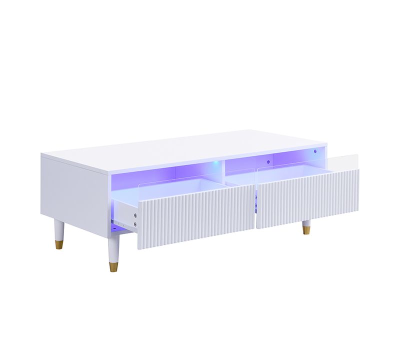 Table Basse 110 X 50 X 40 Cm, 2 Tiroirs Translucides, Bande LED 7 Couleurs, Pieds En Bois Or/blanc