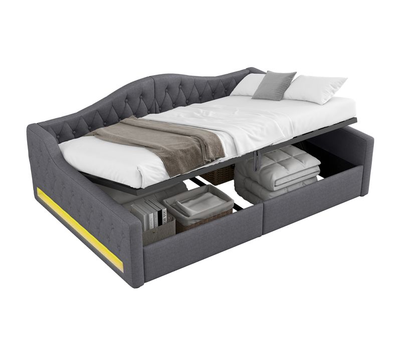 Lit Coffre 140x200 Cm 2 Places Avec Rangements Hydraulique, LED Et Sommier à Lattes, Lin Gris