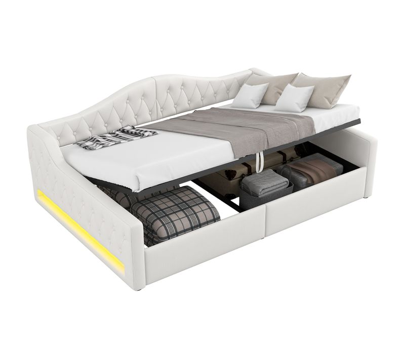 Lit Coffre 140x200 Cm 2 Places Avec Rangements Hydraulique, LED Et Sommier à Lattes, Lin Beige