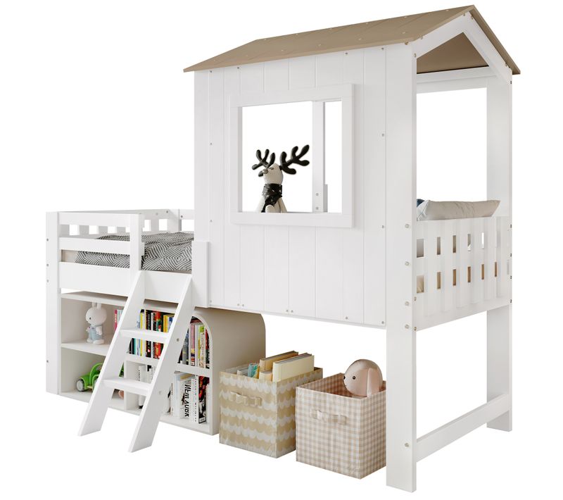 Lit Enfant Mi-haut 90x200 Cm Cabane Bois Blanc Et Naturel Avec Espace De Rangement Et Petite Marche