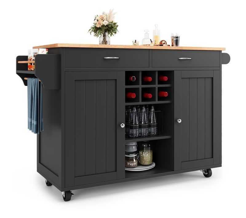 Desserte De Cuisine 102x45x92 Cm Noir à Roulettes, Aspect Bois, Avec Rangements Et Casiers à Vin