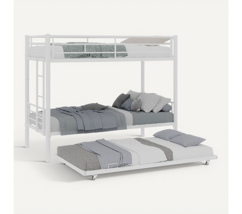 Lit Superposé Enfant 90x190 Cm Convertible En 2 Lits Avec Lit Gigogne, Métal Blanc