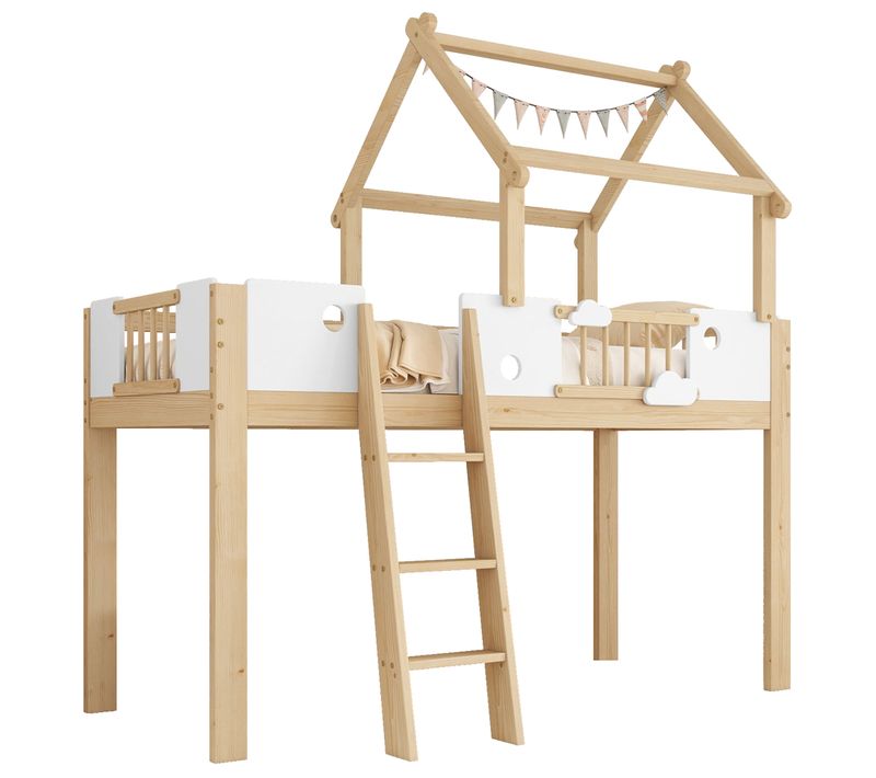 Lit Cabane Enfant 90x200 Cm Mi-haut En Pin Blanc Et Naturel Avec Échelle 3 Marches