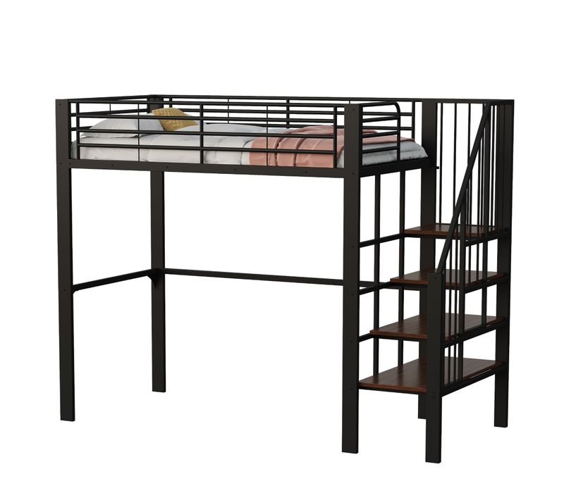 Lit Enfant Mezzanine 90x200 Cm Avec Rangements, Métal Et Bois, Noir