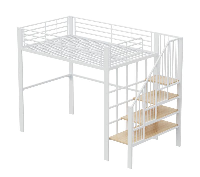 Lit Mezzanine 140x200 Cm En Métal Blanc Et Bois Avec Rangements Et Escalier Intégré