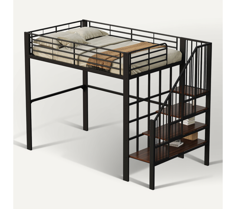 Lit Mezzanine Adulte 140x200 Cm Avec Rangements Et Sommier à Lattes, Métal Noir Et Bois