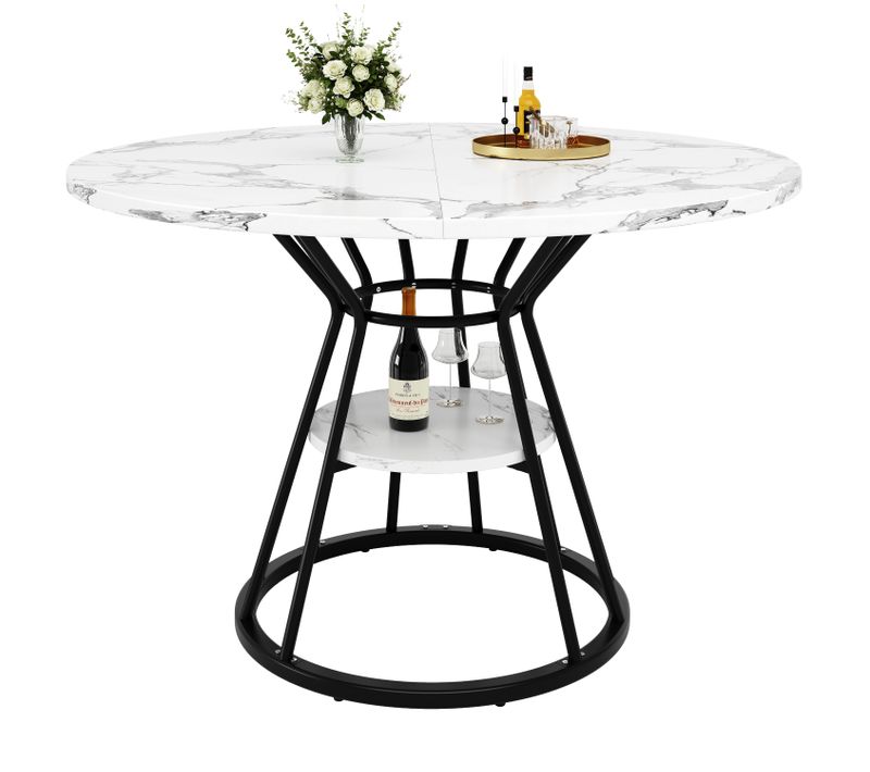 Table à Manger Ronde 100 Cm Motif Marbre Blanc, Métal Noir, Pour 4 Personnes