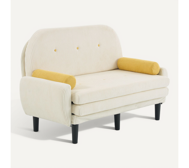 Canapé Convertible 2 Places En Velours Côtelé Beige, Structure Métal, Dossier Réglable