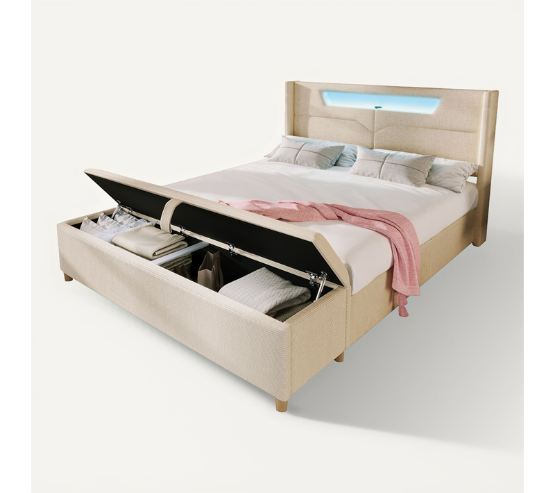 Lit Coffre 140x200 Lin Beige, Avec LED Et USB/type-c + Banquette Velours Côtelé Avec Rangement