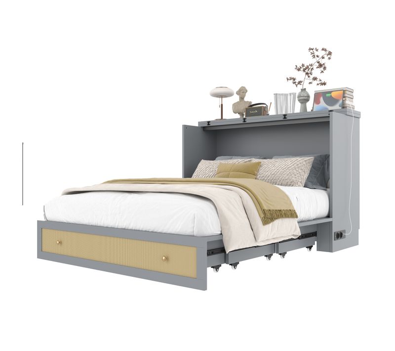 Lit Adulte Rabattable 140x200 Cm Avec Tiroir, Étagère, Ports USB Et Prise, Pin Gris