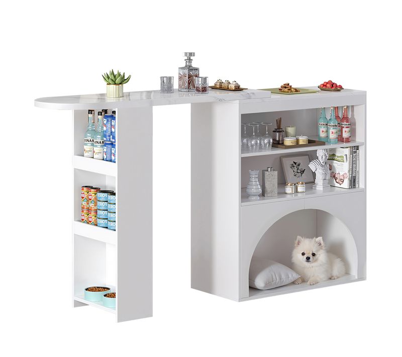 Table Bar Extensible 120(+80)×40×100 Cm, Plateau Effet Marbre, Blanche, Avec 2 Étagères Ouvertes