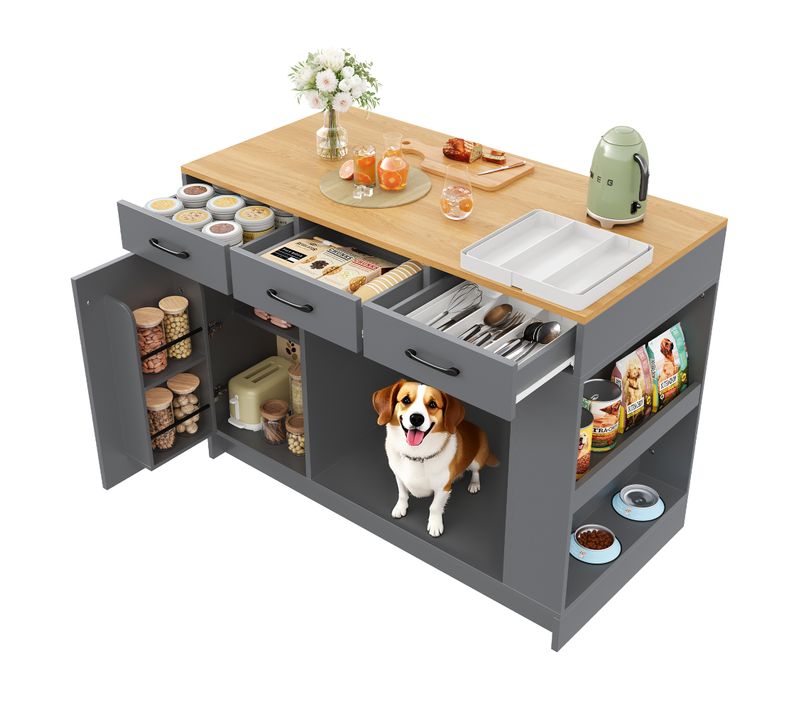 Desserte De Cuisine 120x60x90 Cm Gris Avec Porte, Tablette Réglable, 3 Tiroirs Et étagère à épices