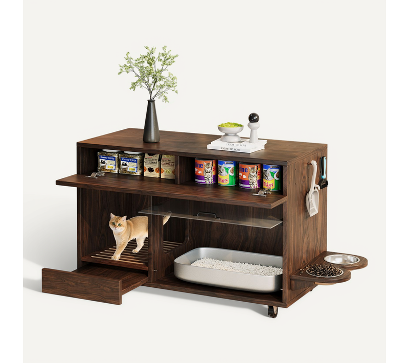 Buffet Meuble Cache-litière Pour Chat 100x45,5x67 Cm Noyer Avec 2 Gamelles, Roulettes