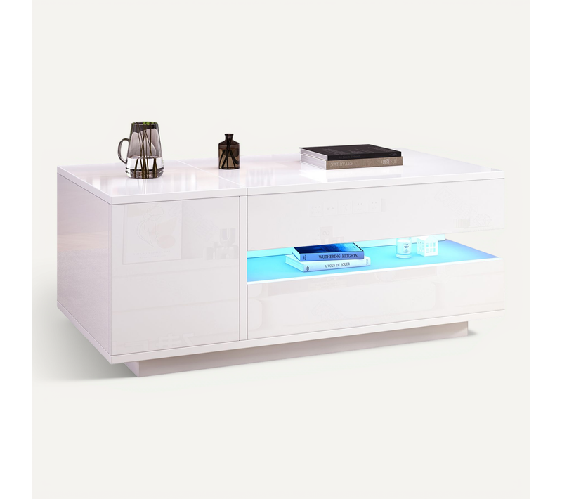 Table Basse Relevable Pour Salon 90x50x34,5 Cm Blanc, Avec LED, Tiroir Et Placard