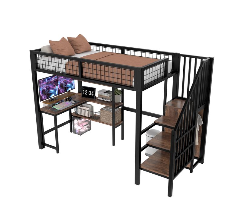 Lit Mezzanine Enfant 90x200 Cm Avec Bureau, Escalier Et Étagères, En Métal Noir Et Brun