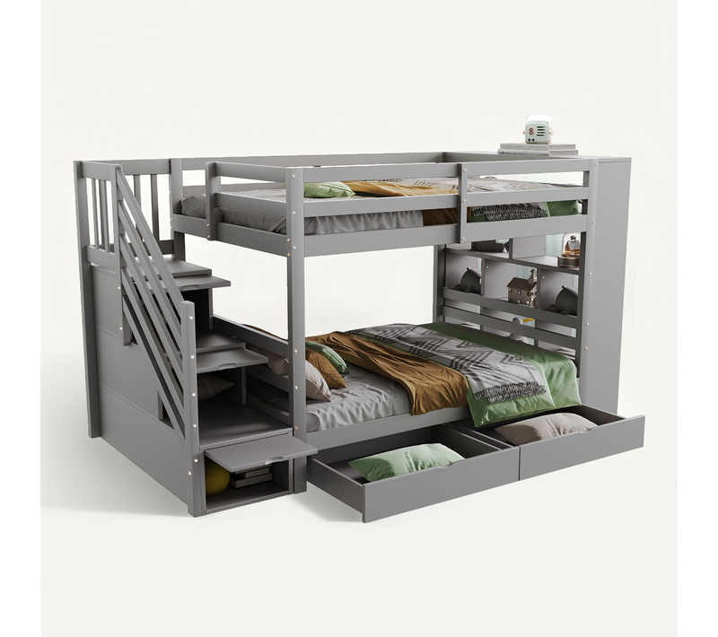 Lit Superposé Enfant 90x200 Cm Avec 2 Tiroirs Et Grand Rangement, Escaliers à Rangements, Pin Gris