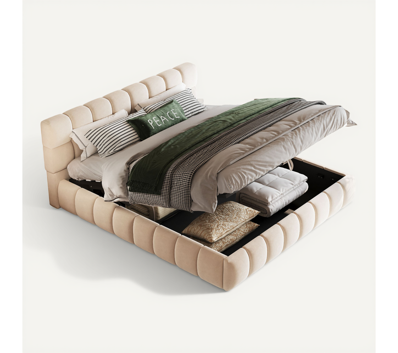 Lit Adulte 140x190 Cm Avec Rangement Hydraulique Et Sommier À Lattes, En Velours Beige
