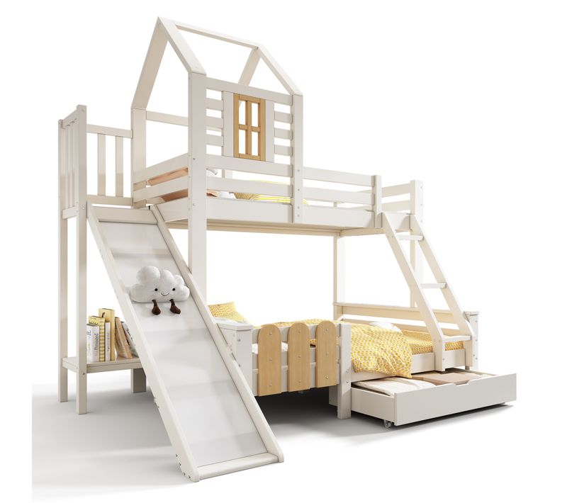 Lit Superposé Enfant 90x200+140x200 Cm Avec Toboggan, Tiroir Et Design Cabane, Bois Blanc