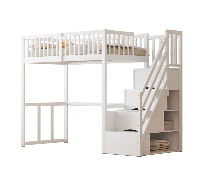 Lit Mezzanine Enfant 90x200 Cm En Pin Blanc Avec Escalier De Rangements Et Bureau Intégré