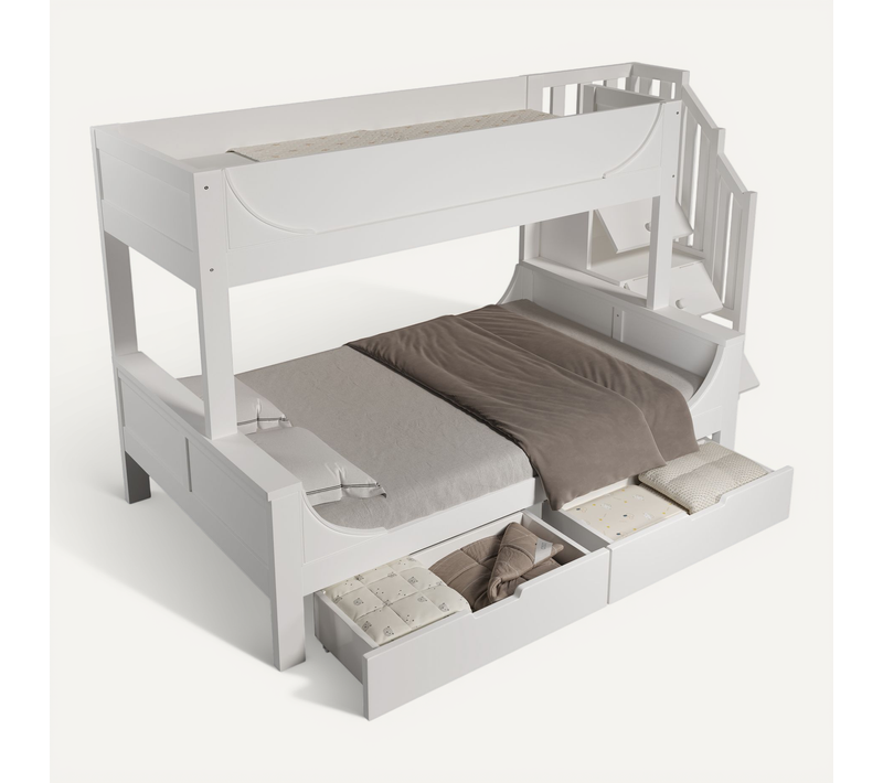 Lit Superposé Enfant 90/140x200 Cm En Bois Blanc Avec Tiroirs Et Escalier De Rangement