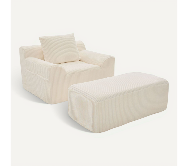 Fauteuil, Canapé-lit 147x110x67 Cm, Velours Côtelé Beige, Avec Poches Latérales, Sans Montage