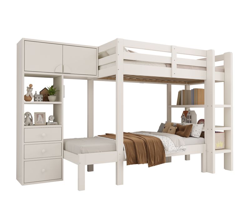 Lit Superposé 90x200 Cm Avec LED Inteilligent, Grand Rangement, Sécurité En747 Certifié, Bois Blanc