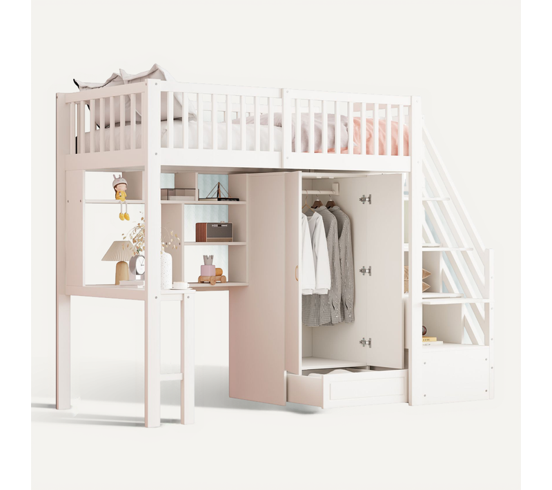 Lit Mezzanine Enfant 90x200 Cm Avec Armoire, Bureau Intégré Et Rangements, Bois Blanc