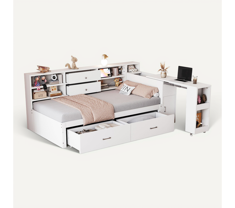 Lit Enfant 90x200 Cm Avec Bureau Escamotable, Rangements Intégrés Et Prises USB, Bois Blanc