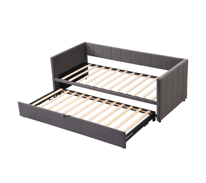 Lit Gigogne Enfant 90/180x200 Cm Extensible Avec Sommier à Lattes, Velours Gris