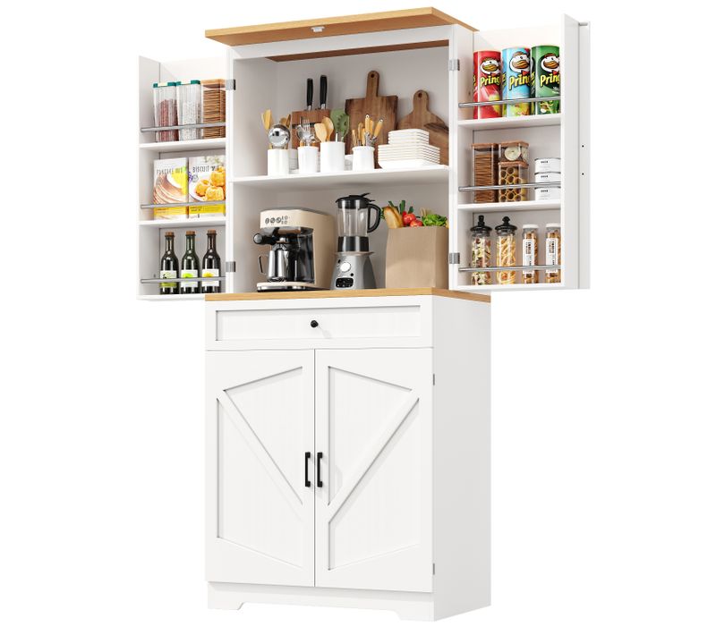 Buffet De Cuisine Blanc Haut.180 Cm – Armoire à 4 Portes Et Tiroir, Rangement Multifonction