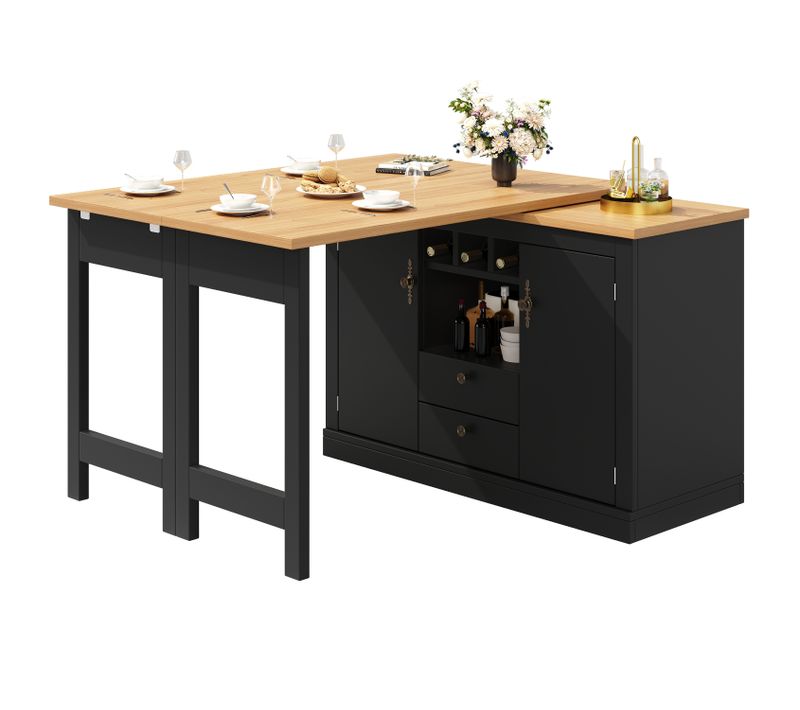 Table De Bar Extensible 120-180x40 Cm Noir Et Naturel Avec Rangement, 2 Portes Et 2 Tiroirs