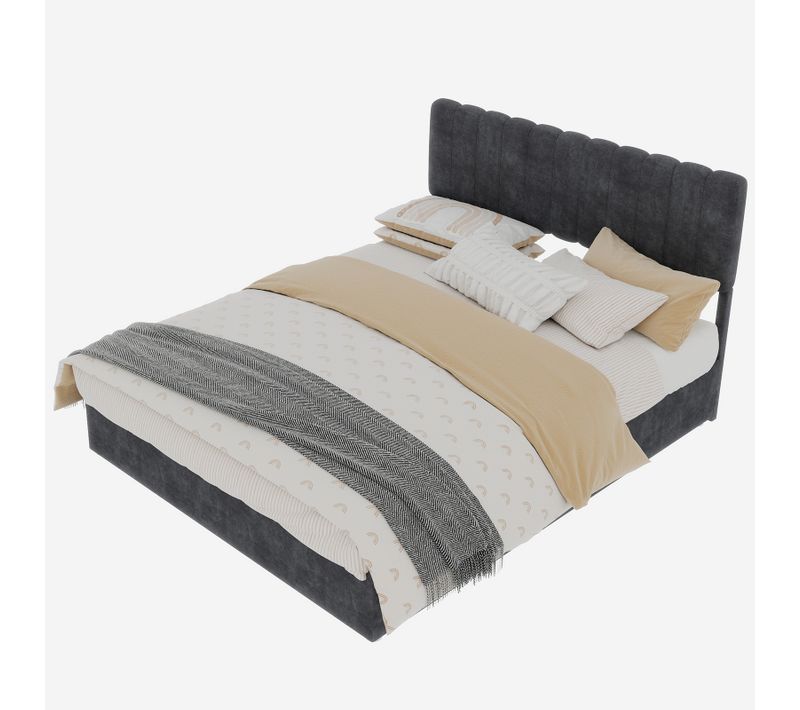 Lit Coffre 140x200 Cm Cadre Métal En Velours Gris Et Bois, Sommier à Lattes Et Rangement