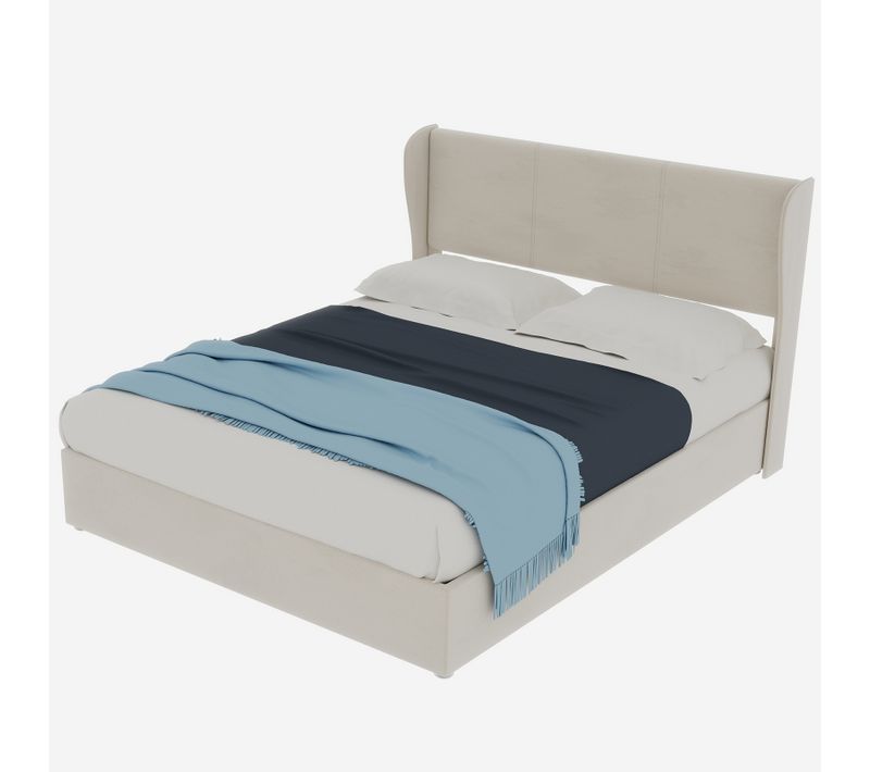 Lit Coffre 140x200 Cm 2 Places, Tête à Oreilles, Velours Beige, Structure En Bois, Sommier à Lattes