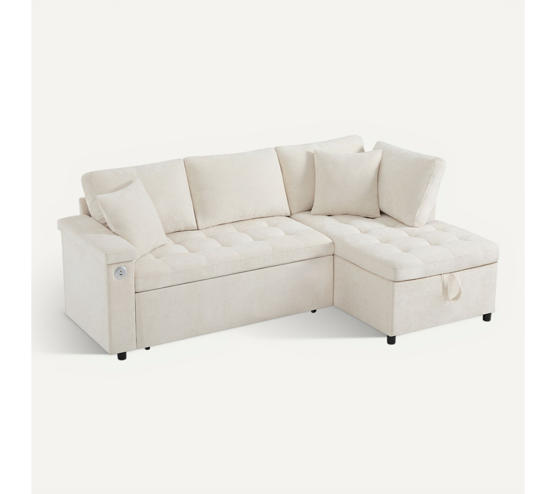 Canapé D’angle Convertible 3 Places Avec Coffre De Rangements, Tissu Chenille Beige