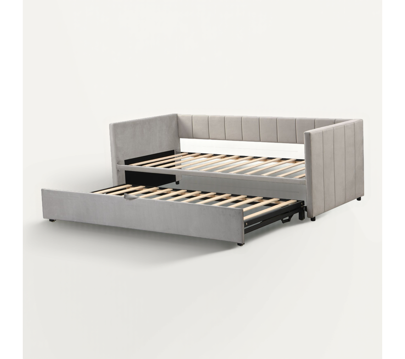 Lit Enfant Gigogne 90x200 Cm En Velours Gris, Convertible En 180x200 Cm, Avec Sommier à Lattes
