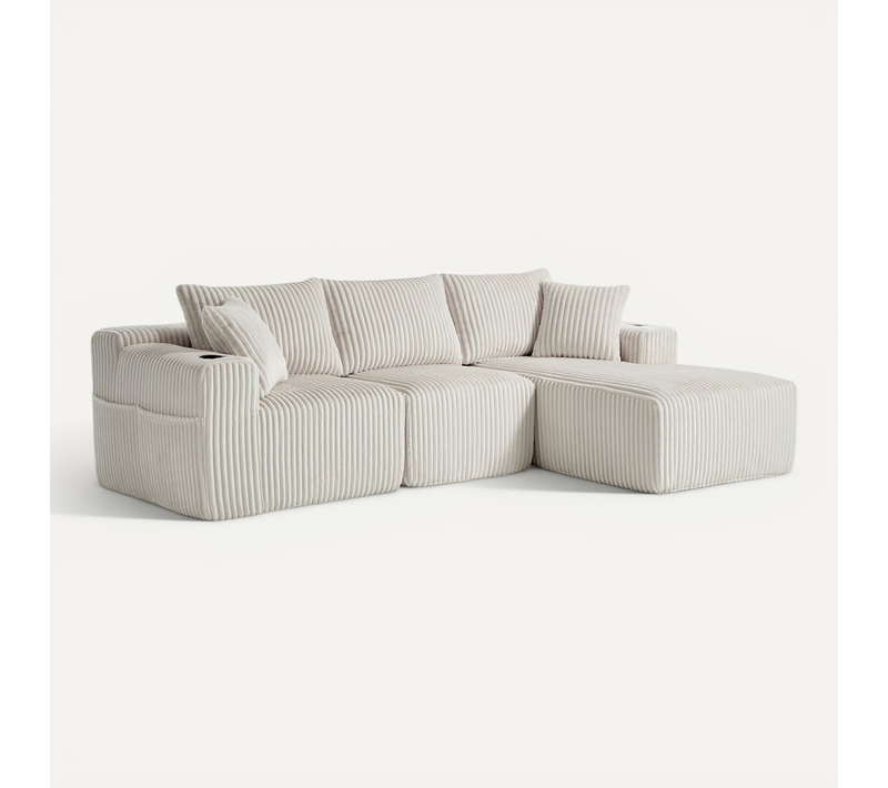Canapé D'angle 3 Places Beige En Velours Côtelé Avec 5 Coussins, Poches Et Porte-gobelets