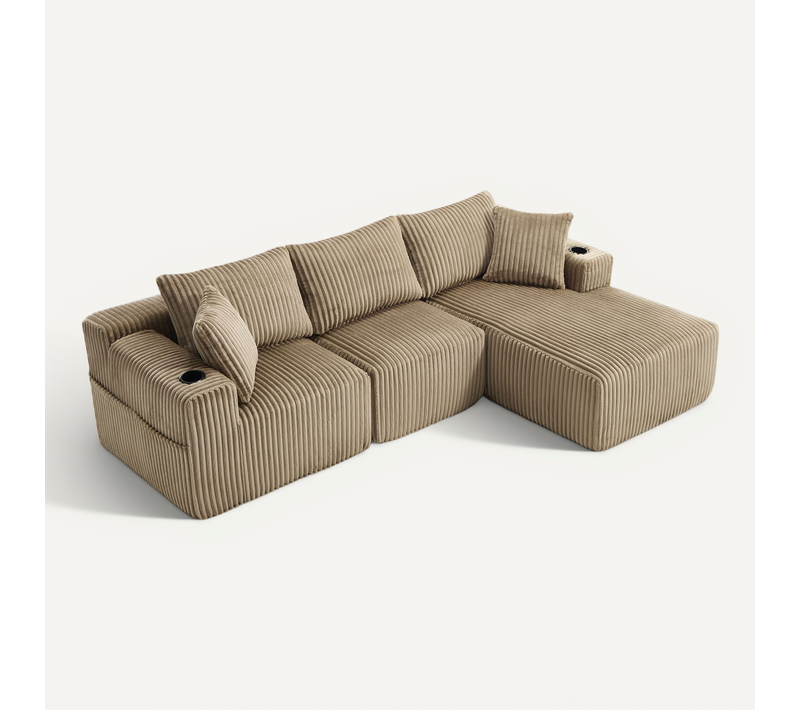 Canapé D'angle 3 Places 257x90-160x62 Cm Velours Côtelé Kaki Avec 5 Coussins Et Porte-gobelets
