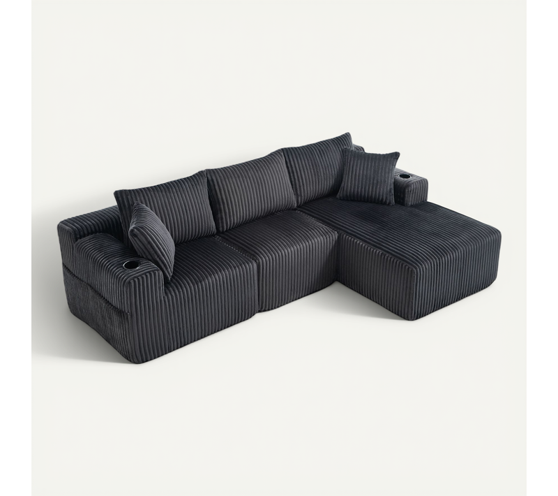 Canapé D'angle 3 Places Gris En Velours Côtelé Avec 5 Coussins, Poches Et Porte-gobelets