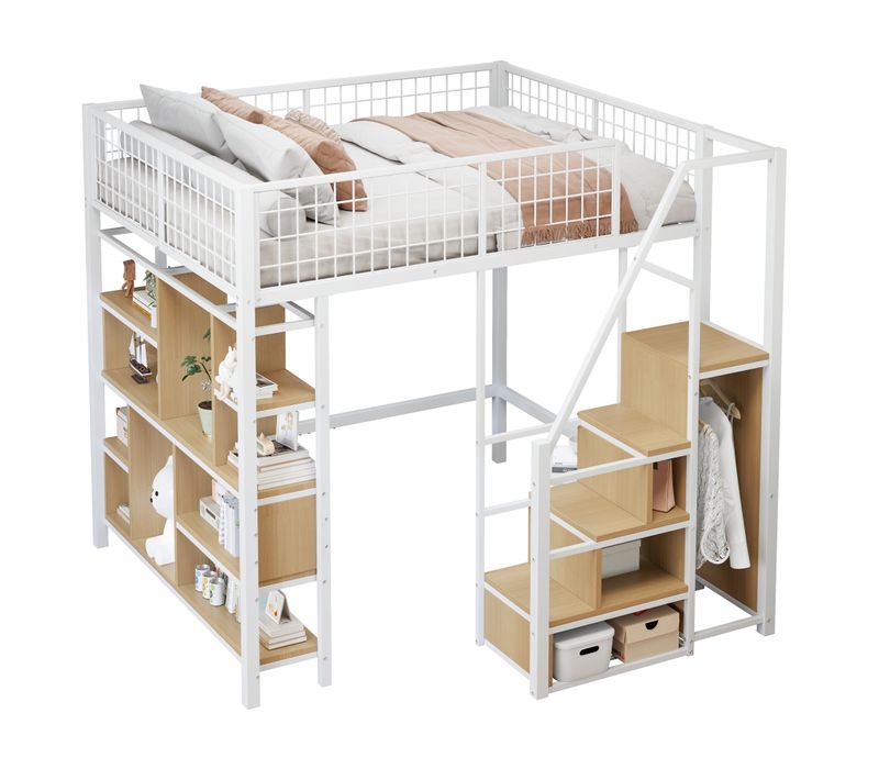 Lit Mezzanine 140x200 Cm Blanc En Bois Et Métal Avec Étagères De Rangements, Escalier Et Penderie