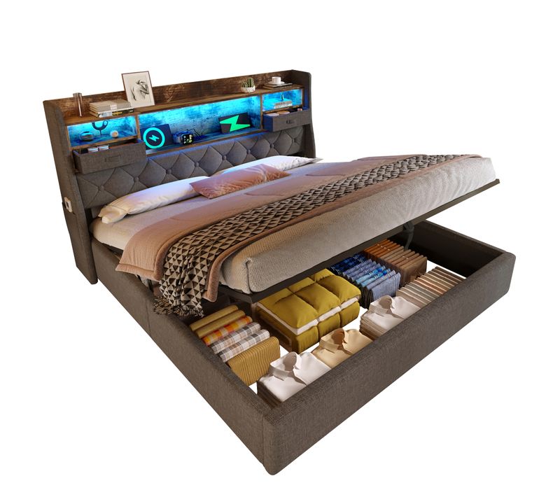 Lit Coffre 180x200 Cm 2 Places Avec Rangement, LED, Ports USB/type-c, Lin Gris, Sommier à Lattes