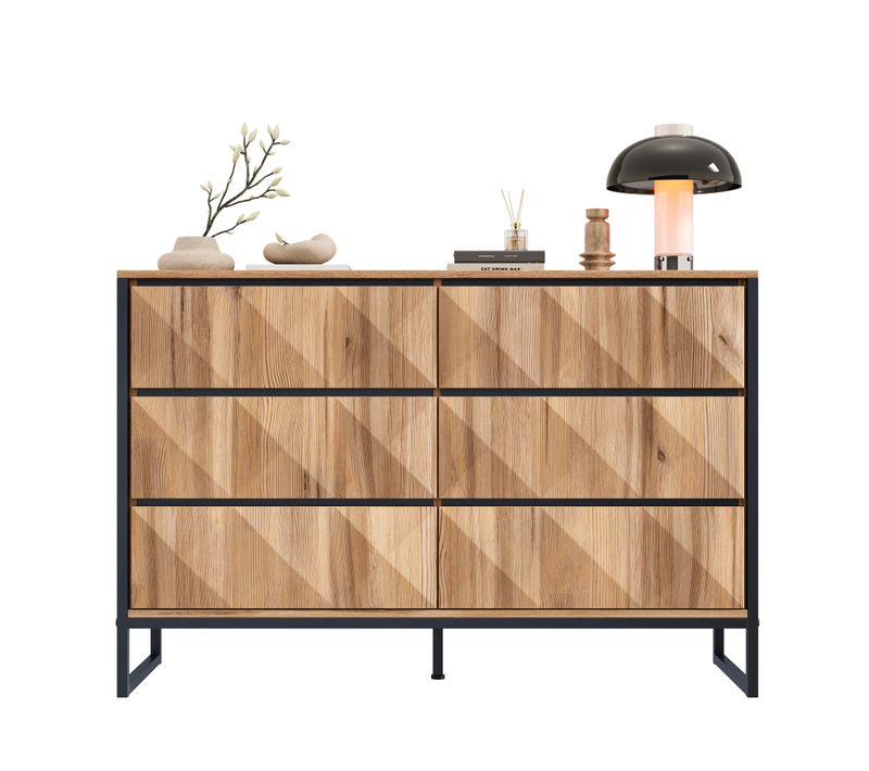 Commode Noir Et Bois Naturel Avec 6 Tiroirs Buffet 120 X 40 X 80 Cm, Piètement Métal