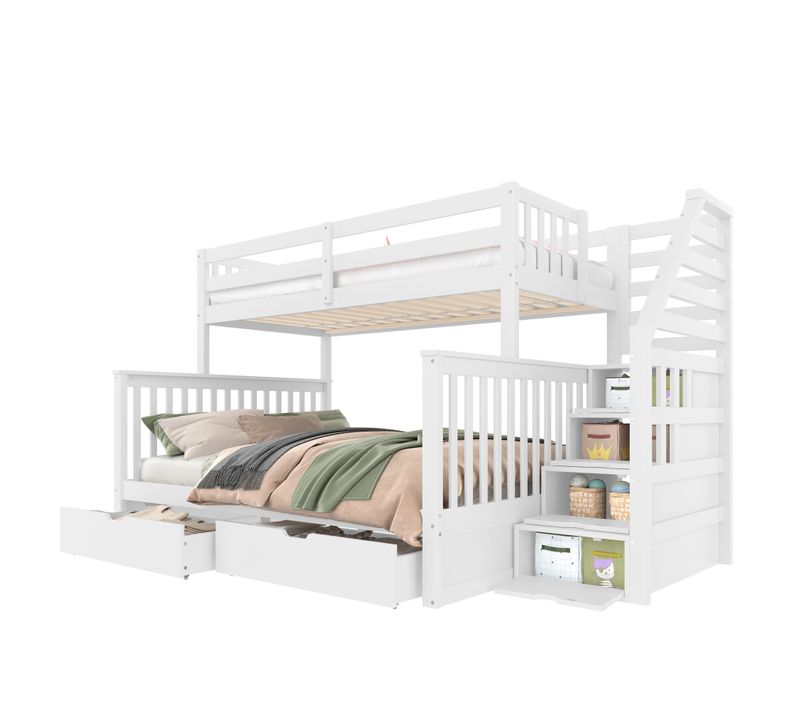 Lit Superposé Enfant 90x200+140x200 Cm Avec 2 Tiroirs Et Escalier, En Bois Blanc