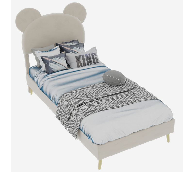 Lit Enfant 90x200 Cm Avec Sommier à Lattes Et Tête De Lit Cartoon, Tissu Beige Et Métal