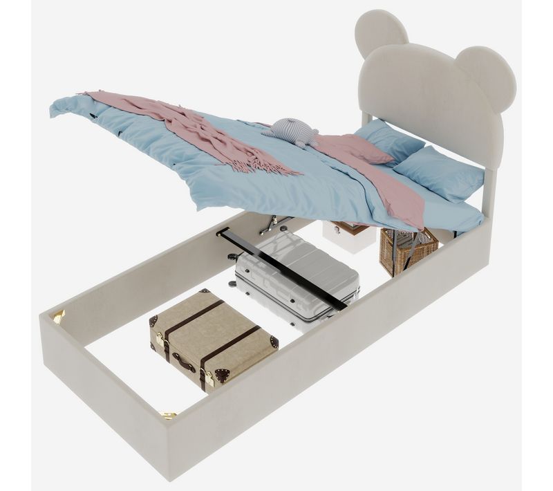 Lit Enfant 90x200 Cm Avec Coffre De Rangement, Tête De Lit Cartoon, Tissu Beige Et Métal