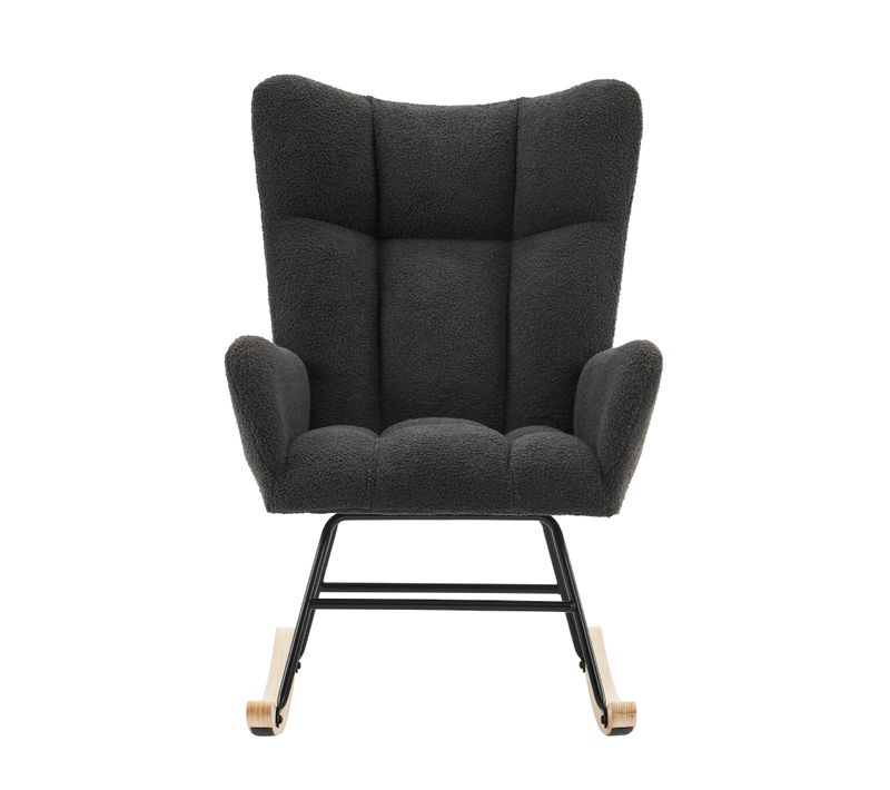 Fauteuil à Bascule Moderne Dossier Haut Et Accoudoirs, Tissu Teddy Gris, Pieds Couleur Bois