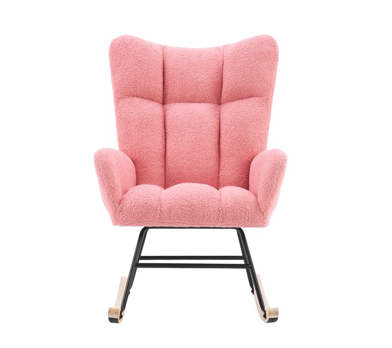 Fauteuil à Bascule Moderne Rose En Tissu Teddy, Dossier Haut Et Accoudoirs, Pieds Bois