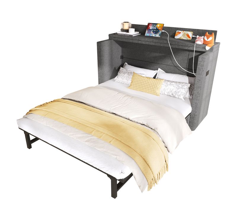 Lit Adulte Escamotable 140x200 Cm En Lin Gris Avec Tiroir Et Ports USB/type-c