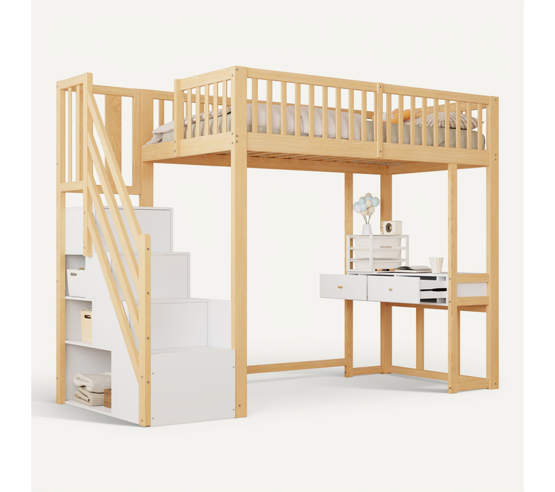 Lit Mezzanine Enfant 90x200 Cm Avec 2 Tiroirs, Escalier, Bureau Intégré Et Rangements, En Bois Blanc