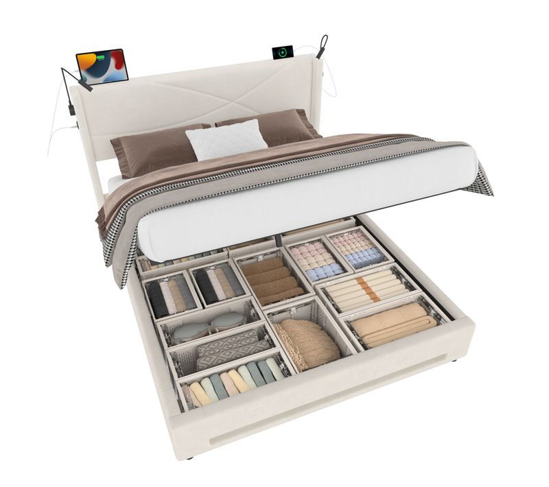 Lit coffre 160x200 Cm Avec LED, Lampes, Rangement Hydraulique Et Ports USB, Beige