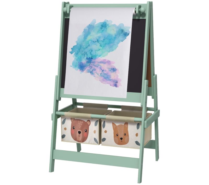 Chevalet Enfant 3-en-1 En Bois Vert Avec 2 Paniers De Rangement 54 X 46,5 X 93 Cm
